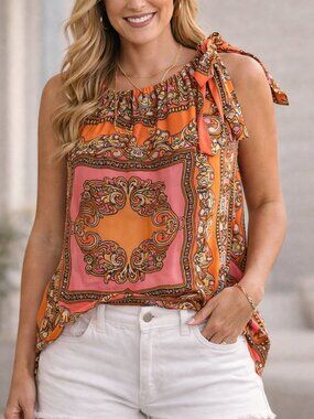 Cache Printed Halter Top M Orange Pink Paisley Scarf Print Tie Shoulder Blouse